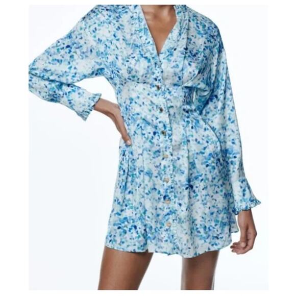 Zara Mini Satin Multicolor Button Down  Dress Large Long Sleeve Women's Size Lg - Picture 1 of 7